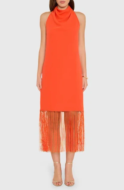 Amanda Uprichard Syd Cowl Neck Fringe Midi Dress In Orange