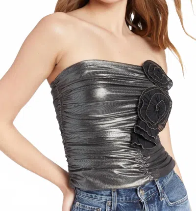 Amanda Uprichard Tenley Metallic Strapless Rosette Top In Silver In Black