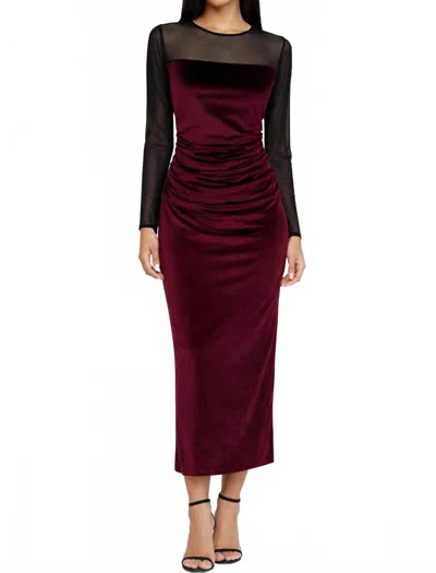Amanda Uprichard Velvet Mesh Midi Dress Ruched Long Sleeve Dress In Burgundy In Brown