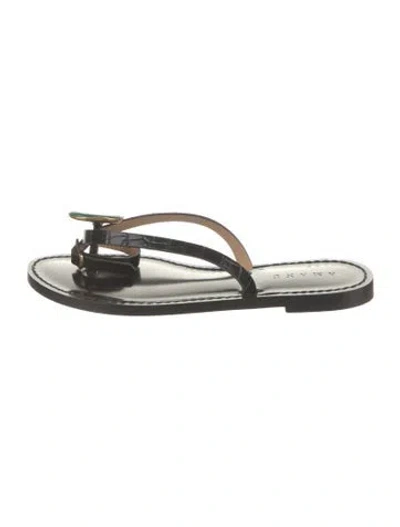 Pre-owned Amanu Leather Animal Print Flip Flops In Black