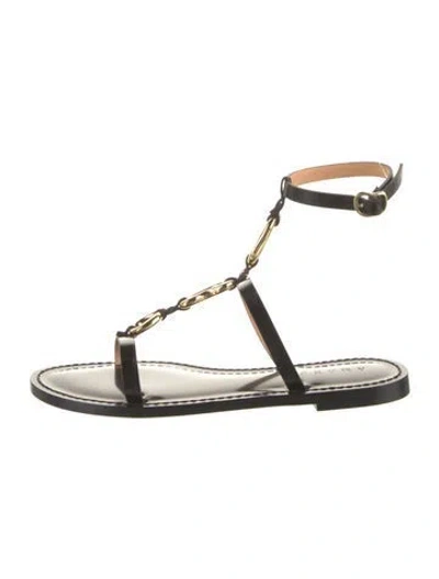 Pre-owned Amanu Leather Chain-link Accents Gladiator Sandals In Black