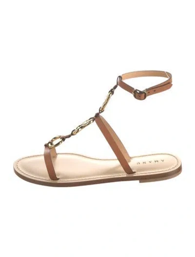 Pre-owned Amanu Leather Chain-link Accents Gladiator Sandals In Brown