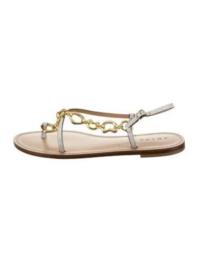 Pre-owned Amanu Leather Floral Print Slingback Sandals W/ Tags In White