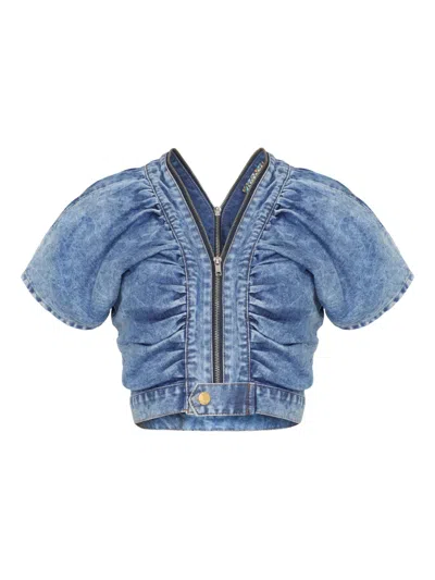 Amapô Zipped Ruffled Crop Top In Blue