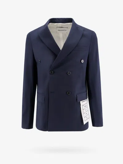 Amaranto Wool Blend Blazer With Logoed Label In Blue