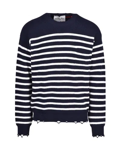 Amaranto Blue/white Distressed Striped Wool Sweater