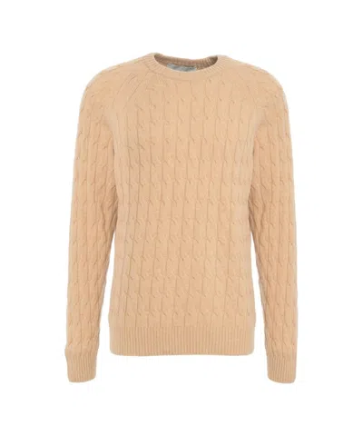 Amaranto Cable Knit Beige Sweater With Round Neckline And Ribbed Details In Gold