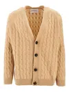 Amaranto Beige Cable Knit Cardigan With Deep V-neck And Button Closure In Brown
