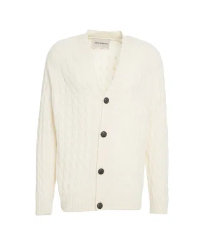 Amaranto Cable Knit Cardigan With Deep V-neck And Button Closure In Neutral