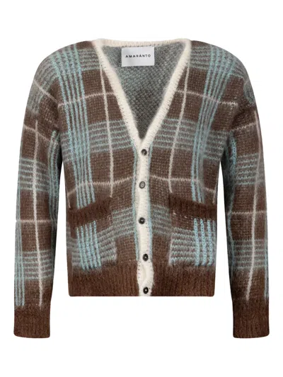 Amaranto Check-pattern Brushed-wool Cardigan In Brown