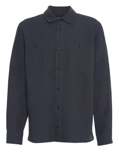 Amaranto Linen Blue Shirt With Chest Pockets And Classic Collar