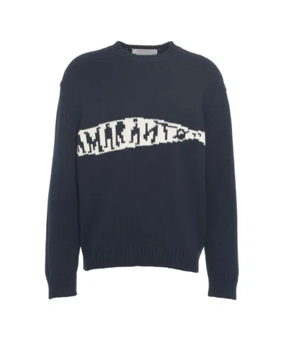 Amaranto Oversized Knit Sweater With Intarsia Logo And Ribbed Finish In Blue