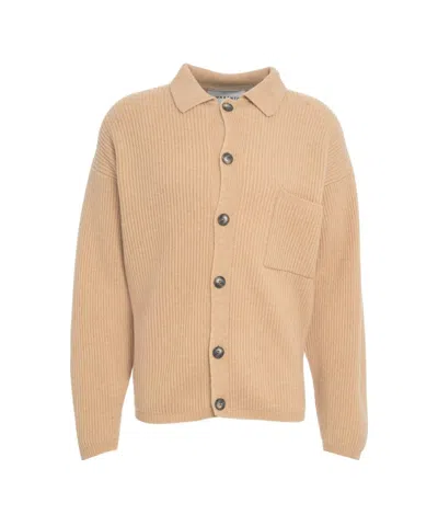 Amaranto Ribbed Textured Cardigan With Button-up Front And Chest Pocket In Brown