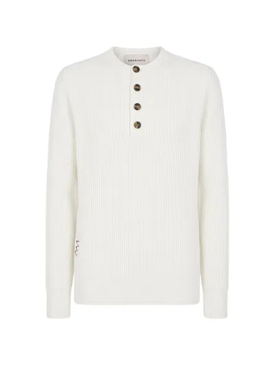 Amaranto Ribbed-knit Henley Polo Sweater In White