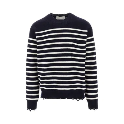 Amaranto Striped Wool Distressed Sweater In Blue