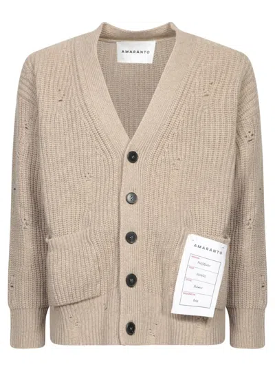Amaranto V-neck Wool Blend Cardigan With Patch Pockets And Design In Neutrals