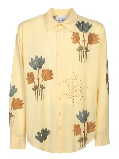 Amaranto White Shirt With Intricate Floral Embroidery In Yellow