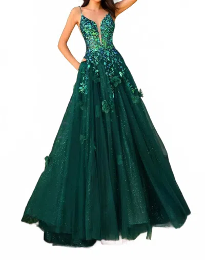 Amarra 3d Floral Tulle Embellishments Ball Gown In Emerald In Green