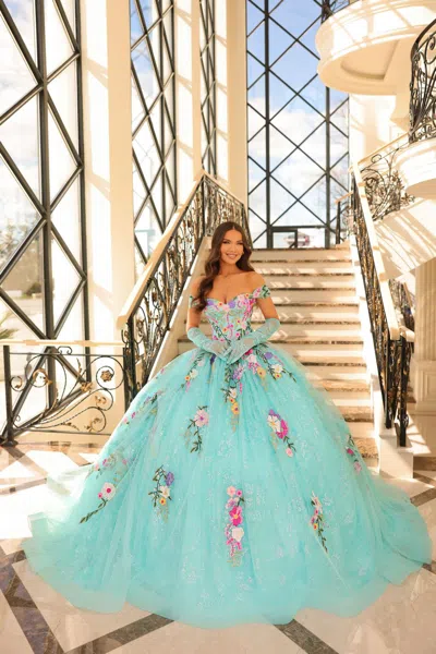 Amarra 54200 Long Floral Ball Gown Quinceanera Dress In Blue