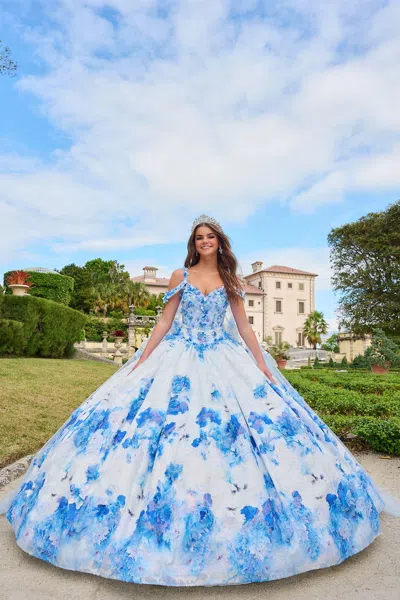 Amarra 54208 Long Ball Gown Floral Print Cape Quinceanera Dress In Multi