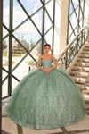 Amarra 54212 Long Ball Gown Glitter Cape Quinceanera Dress In Green