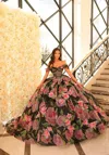 Amarra 54214 Long Floral Ball Gown Detachable Bow Quinceanera Dress In Pink