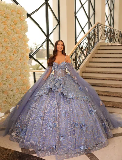 Amarra 54216 Long 3d Floral A Line Sweet 16 Glitter Quinceanera Dress In Purple