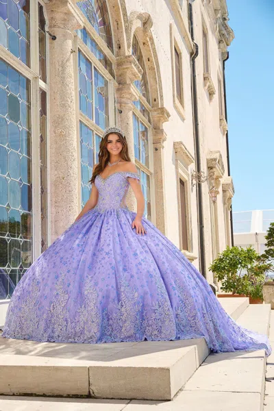 Amarra 54220 Floral Glitter Long Ball Gown Quinceanera Dress In Purple
