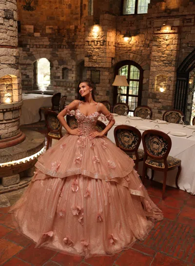 Amarra 54244 Long Ball Gown Glitter Quinceañera Dress In Gold