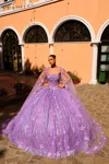 Amarra 54248 Long Glitter Ball Gown Detachable Cape Quinceanera Dress In Purple