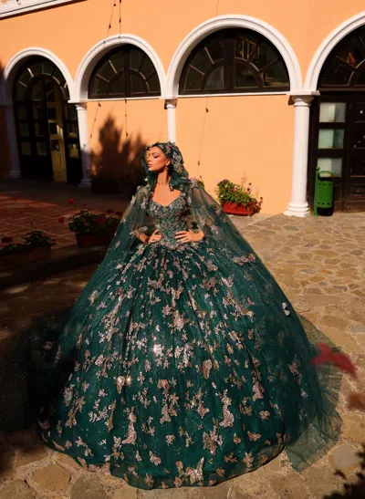 Amarra 54260 Quinceanera Dress Detachable Cape Long Ball Gown In Green