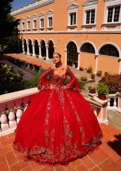 Amarra 54263 Glitter Long Ball Gown Quinceanera Dress In Red