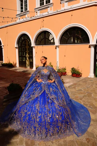 Amarra 54284 Long Ball Gown Glitter Detachable Cape Quinceanera Dress In Blue