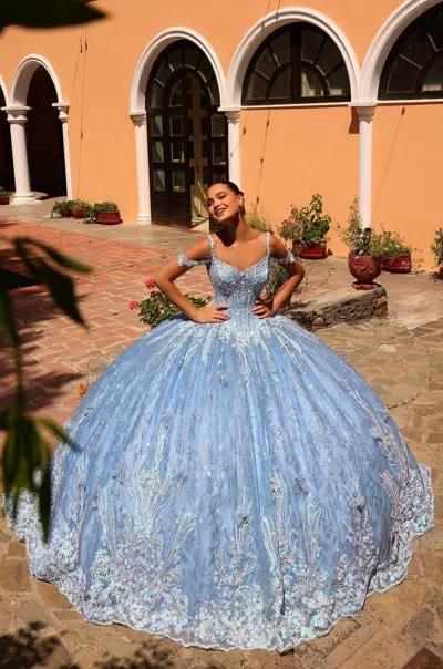 Amarra 54310 3d Floral Applique Long Detachable Cape Quinceanera Dress In Blue