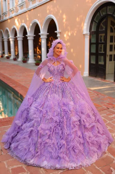 Amarra 54314 Ball Gown Long 3d Floral Applique Detachable Cape Quinceanera Dress In Purple