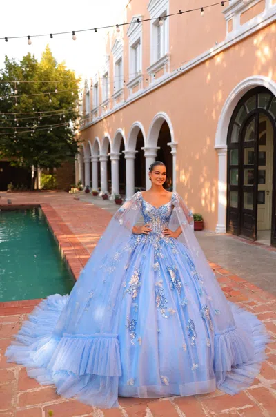 Amarra 54318 Floral Sequin Applique Long Cape Quinceanera Dress In Multi