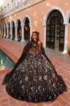 Amarra 54320 Long 3d Floral Detachable Hooded Cape Quinceanera Dress In Black