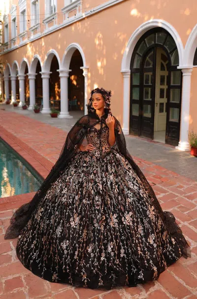 Amarra 54320 Long 3d Floral Detachable Hooded Cape Quinceanera Dress In Black
