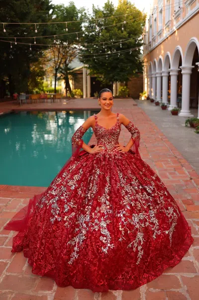 Amarra 54322 Long Glitter Print Detachable Sleeves Quinceanera Dress In Red