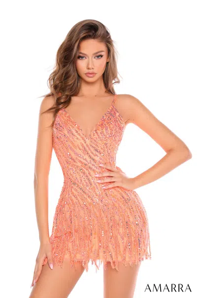 Amarra 88042 Short Fringe Beaded Homecoming Cocktail Dress In Red