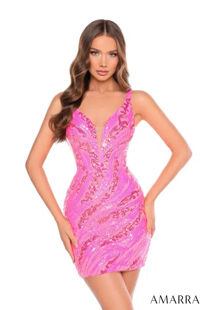 Amarra 88074 Fitted Sequin Print Homecoming Short Cocktail Dress In Pink