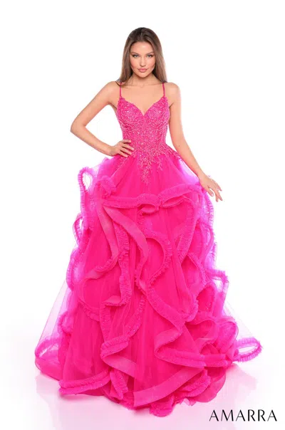 Amarra 88094 Long Beaded Ruffle Prom Dress In Pink