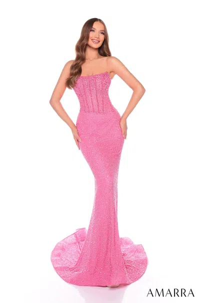 Amarra 88110 Long Sequin Formal Beaded Mermaid Prom Dress In Pink