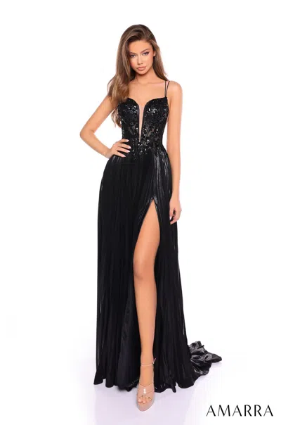 Amarra 88113 Pleated Long Formal Metallic Prom Dress In Black