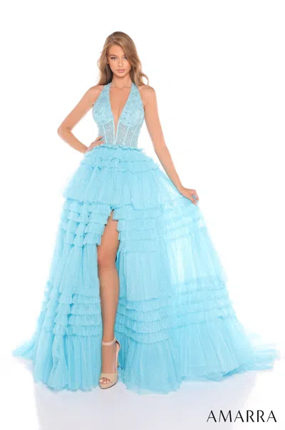 Amarra 88226 Long Beaded Ball Gown Corset Prom Dress In Blue