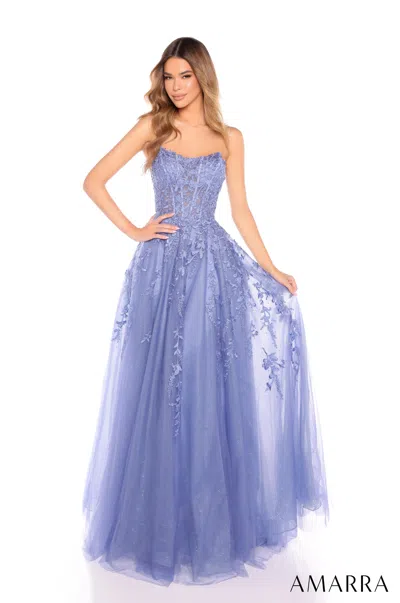 Amarra 88258 Long Ball Gown Floral Lace Applique Prom Dress In Blue