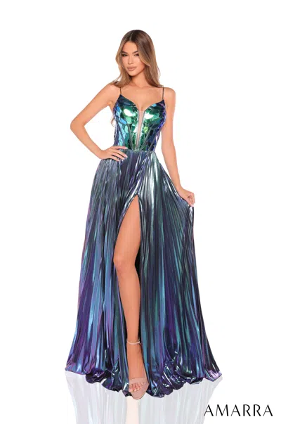 Amarra 88267 Prom Long A Line Formal Metallic Dress In Blue
