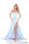 Amarra 88272 Slit Fitted Long Formal Beaded Prom Dress In Blue