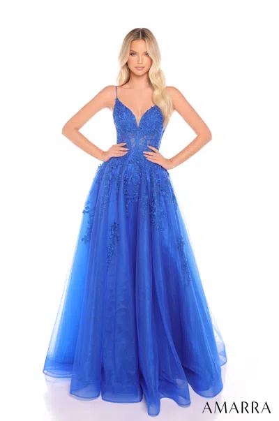 Amarra 88274 Formal Long Glitter Applique A Line Prom Dress In Blue