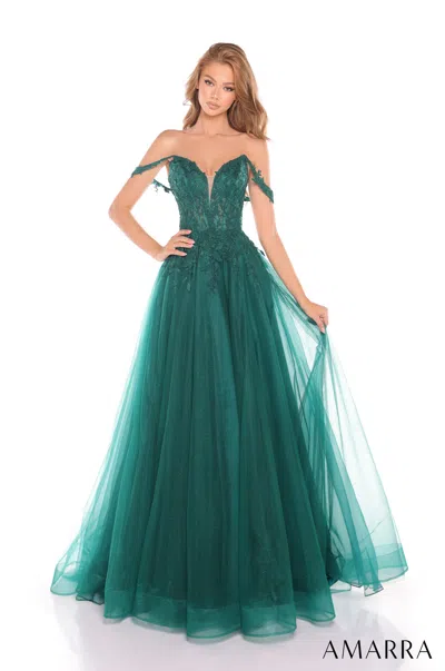 Amarra 88287 Long Prom A Line Formal Floral Glitter Dress In Green